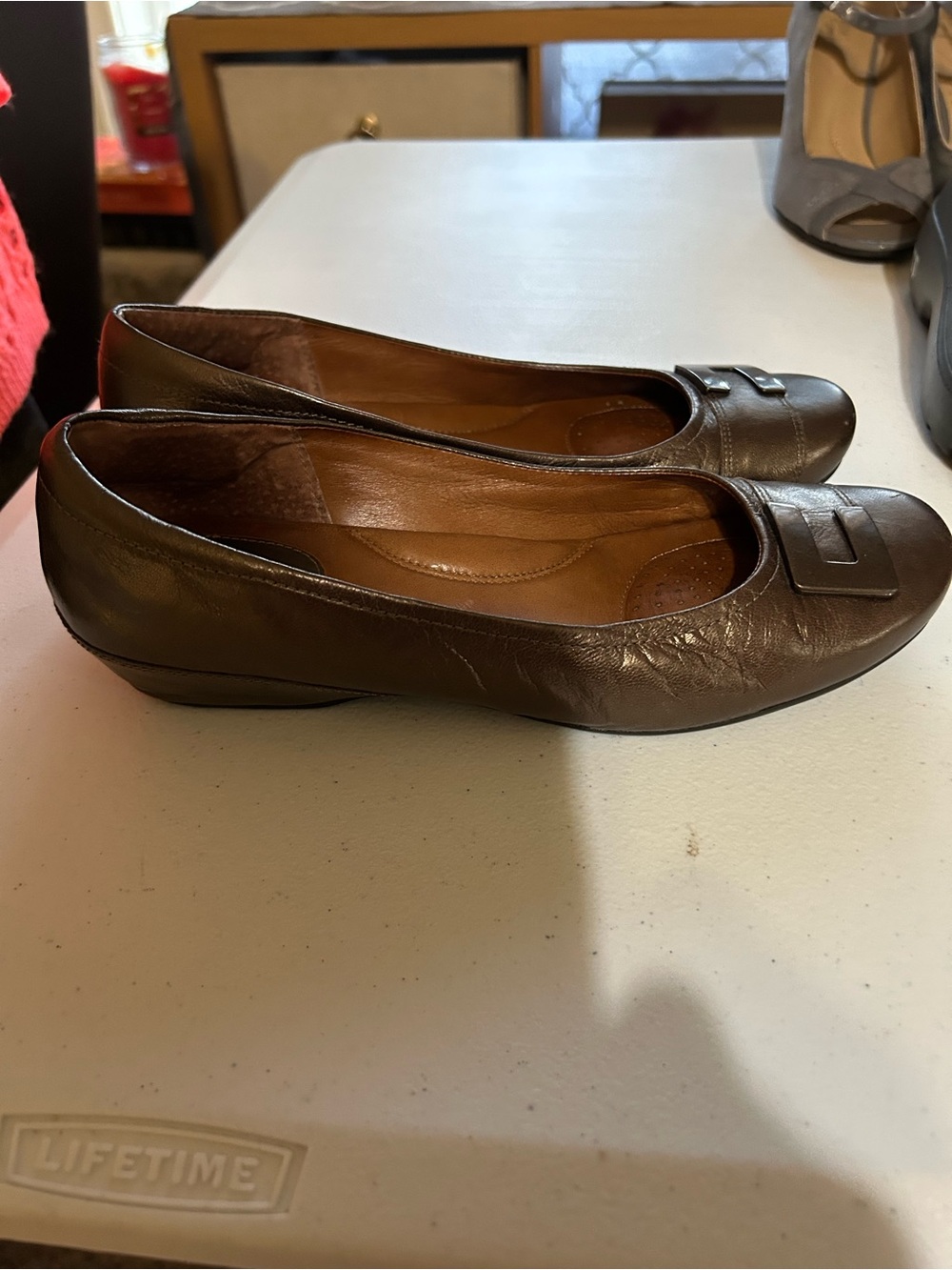 Clarks Brown Leather Slip-On Flats with Square Buckle Accent
